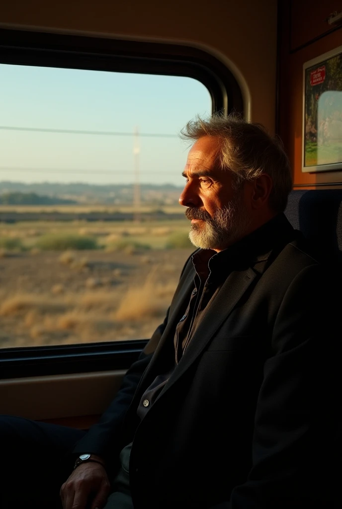 A man in a train with a sad look