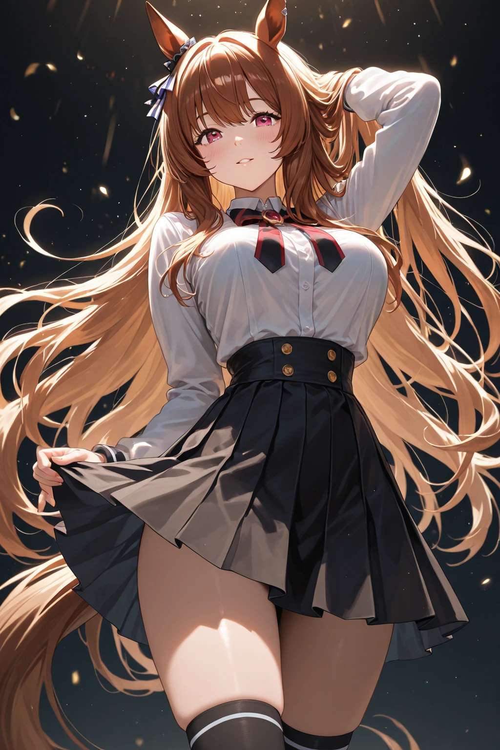 Asuna Yuki(sword art online), dynamic angle, Cabello largo y bronceado,trenza,Brown eyes,ojos detallados,Large chest lines,Ronda al frente,armadura,Solapas de pecho,Camisa blanca con mangas largas,mangas separadas,falda roja y blanca,faldas plisadas,natural,Las piernas delgadas son muy bonitas..,Piernas largas muy hermosas.,muslos blancos,ligas,cuerpo perfecto,natural,de pie,Lean forward slightly.,tacones altos,Ciudad