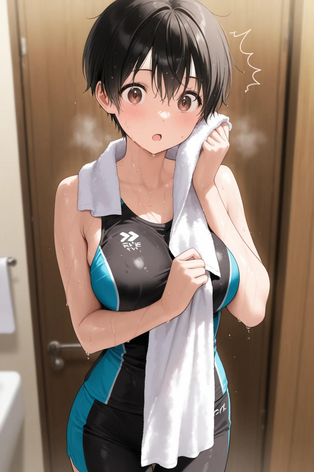 After losing a mixed martial arts match, slender cute high school girl taking a shower, short black hair, wet, small breasts