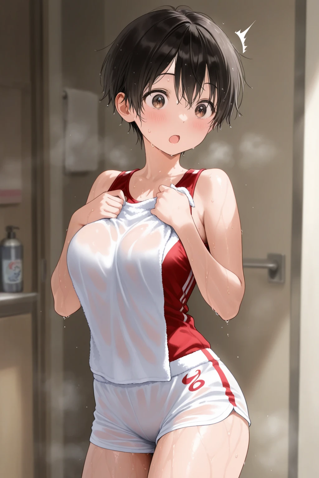 ((masterpiece,Highest quality:1.3,best quality illustration)),((realistic:1.2)),cowboy shot,solo,1woman,18 year old beauty、black hair,short bob hair,(center parted bangs),black eyes,(gorgeous big eyes),((very small head:1.4)),Heavy breathing,drooling,((slender body:1.2,skinny)),(tan skin:1.4),small breasts,(White tank top、school gym red buruma),Wet crotch,gleaming skin,oily skin,slender body,sweat,standing,locker room、Tokyo、