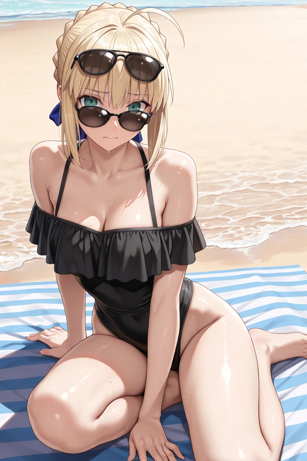 NSFW、artoria、Colossal tits、Mature body type、Lustrous skin、Saber Altria、a blond、Green eyes、Chignonhair、short-cut、adult lady、Lustrous skin、in beach、（masutepiece、of the highest quality、Best Quality、Beautiful CG,）Colossal tits、reallistic、Smile embarrassedly、Light color micro bikini、Navel costume、neck tie、Black knee socks、Sexy body、Erotic body、