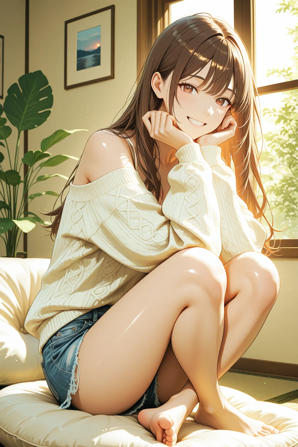 masterpiece, Highest quality, Very detailed), Portrait of an 18 year old woman with light brown hair, Green round eyes, Beige blouse and blue jeans、Smiling Blue Shorts、Reading the Brown Book - Auto Ultrarealistic -  