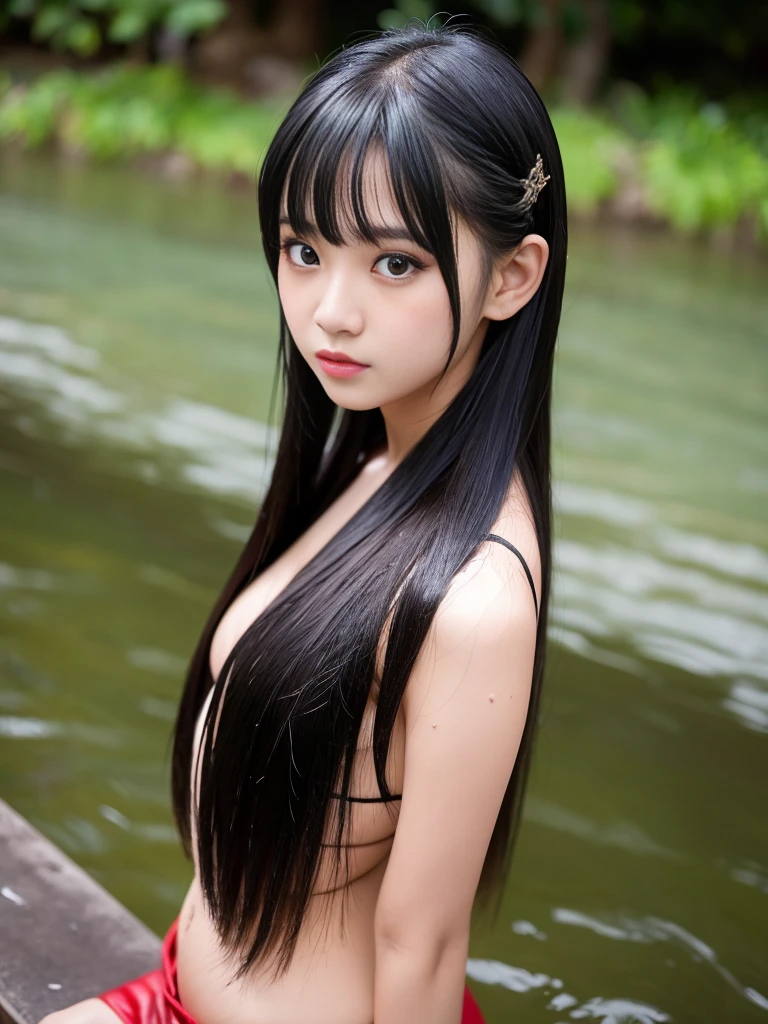 (highest quality, 32k, High resolution, Masterpiece:1.5, ), marimo_jet, god々A photograph with brilliant dazzling and healing power., Evoking a sense of calm and elusive beauty, Expressing emotions, Have a rich imagination,Beautiful Japanese Girls, An exceptionally beautiful face, Small Face Beauty, Perfect Human Anatomy, ((Shooting from slightly above:1.12)), ((Shooting from slightly above:1.1)), Magical big eyes, Motherhood and generosity, Deep Love, fleeting smile, ((Shiny black hair:1.1)), ((Super Long Straight Silk Hair)), Asymmetrical bangs, Hair between the eyes, Transparent, soft white skin, Sharp eyebrows, Thin lashes, Natural Makeup, Cheek highlighter, Pale pink detailed lips, , ((High-quality black bikini:1.2)), ((Black pleated skirt)), High resolutionの完璧な鎖骨, High resolutionの美しい胸元, Slim figure with ample breasts, High resolutionの美しい太もも, ((Detailed mortar wall background:1.3)), Dazzling Sun, Professional Lighting, Professional photographer, Professional models, god秘的