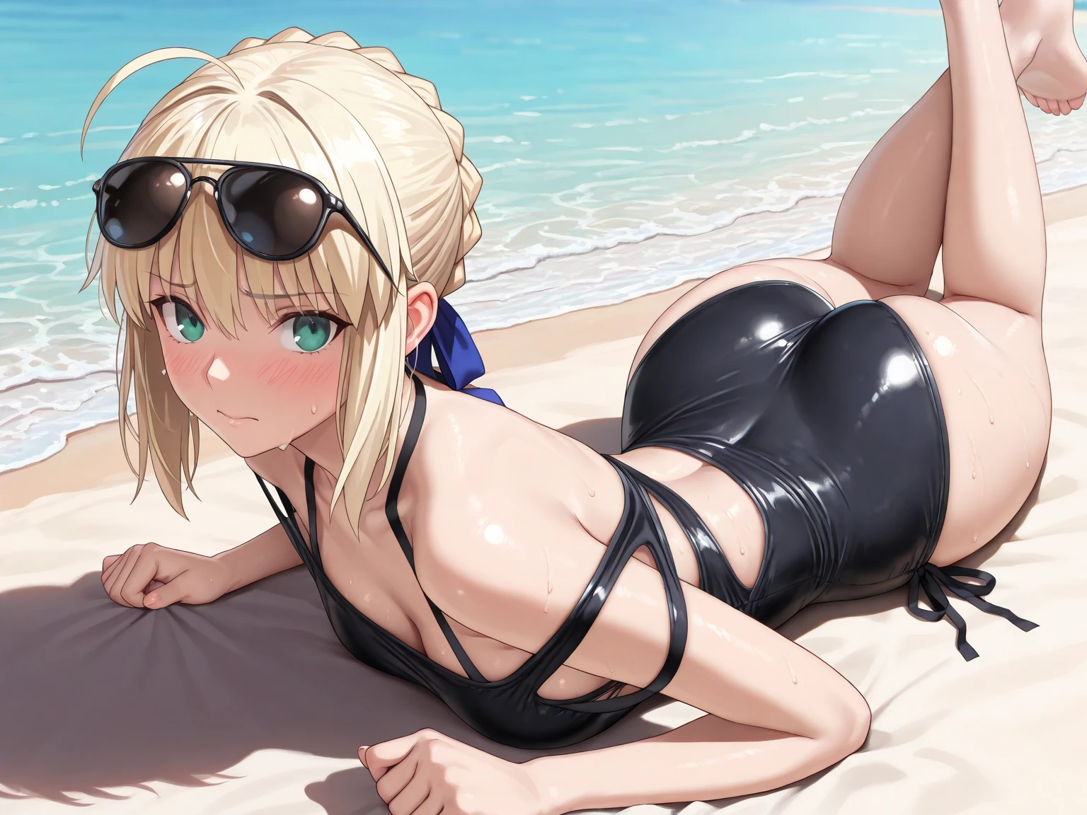 back view, goes down on all four, cute blond girl, on the bed, swim suit,