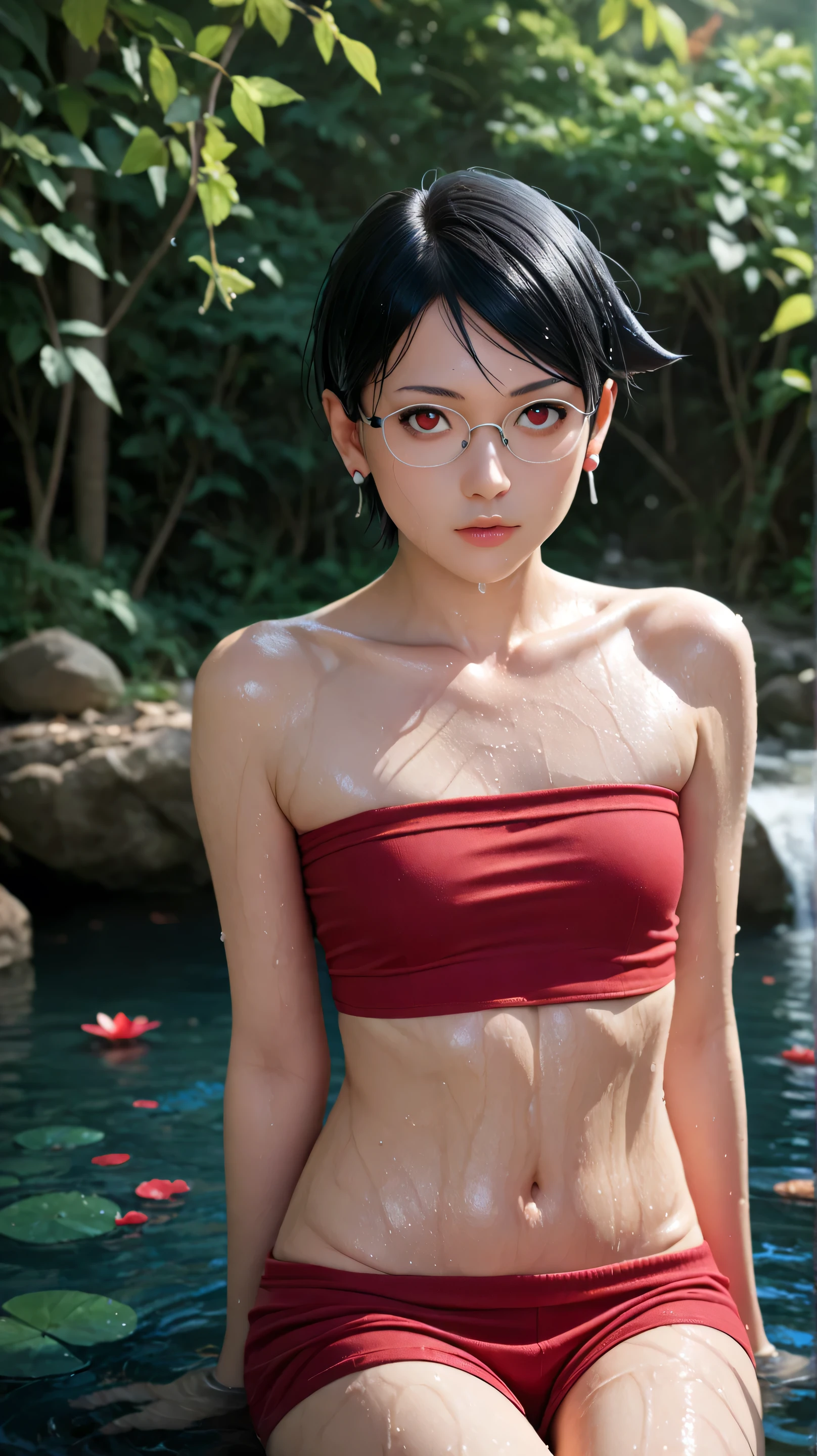 1girl, solo,sarada uchiha,red eyes,black hair,buzz-cut hair,outdoors,potrait,wearing glasses,small breast,nature,sitting on water,navel,(wet body:1.5),tube top