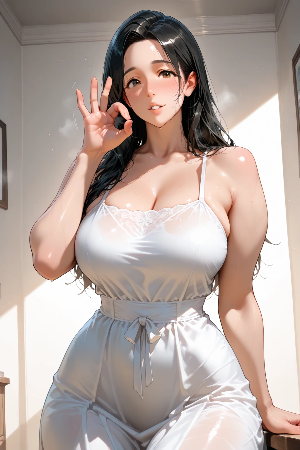 masterpiece, Highest quality, High resolution, Official Art, Anime Face, Yolfoger, Red off-the-shoulder ribbed knit sweater, blush, (Large Breasts, Big Breasts:1.5, 質量のあるBig Breasts:1.5), Black Hair, , (unrealistic:0.35、 ), blush, smile, Slut, White headband