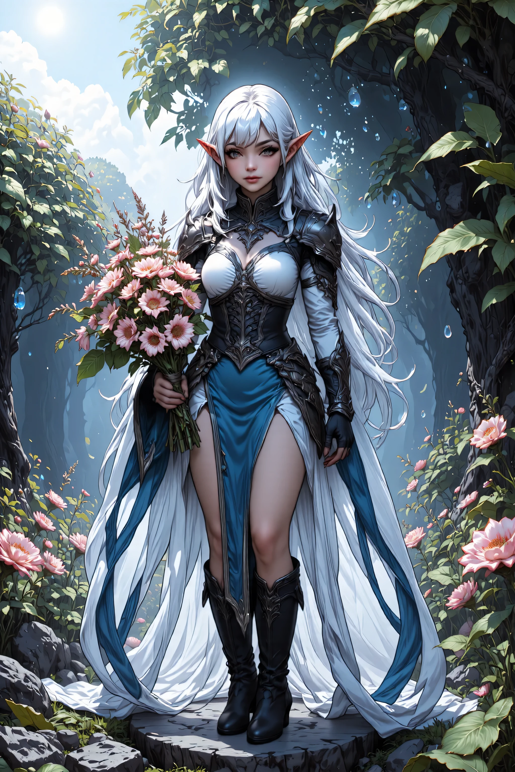 a picture of a female elf (intense details, Masterpiece, best quality), wearing white and azure skirt with leaves entwined on the dress, wearing shirt, wines entwined in the dress,  metallic shine, bright clothes,  an ultra wide shot, full body (intense details, Masterpiece, best quality)epic beautiful female elf (intense details, Masterpiece, best quality), pale skin, rich hair, flowing hair, small pointed ears, glowing eyes, action shot, holding a an flowers (intricate details, Masterpiece, best quality), fantasy forest (intense details, Masterpiece, best quality),  sense of daring, sense of adventure, summer in the forest, sun  is high in the sky, bright day,  high details, best quality, 16k, [ultra detailed], masterpiece, best quality, (extremely detailed), dynamic angle, ultra wide shot, photorealistic, RAW, fantasy art, dnd art,fantasy art, realistic art, Celestial Fantasy, zavy-ctcmcs, w1n, hyp3rd3tail style
