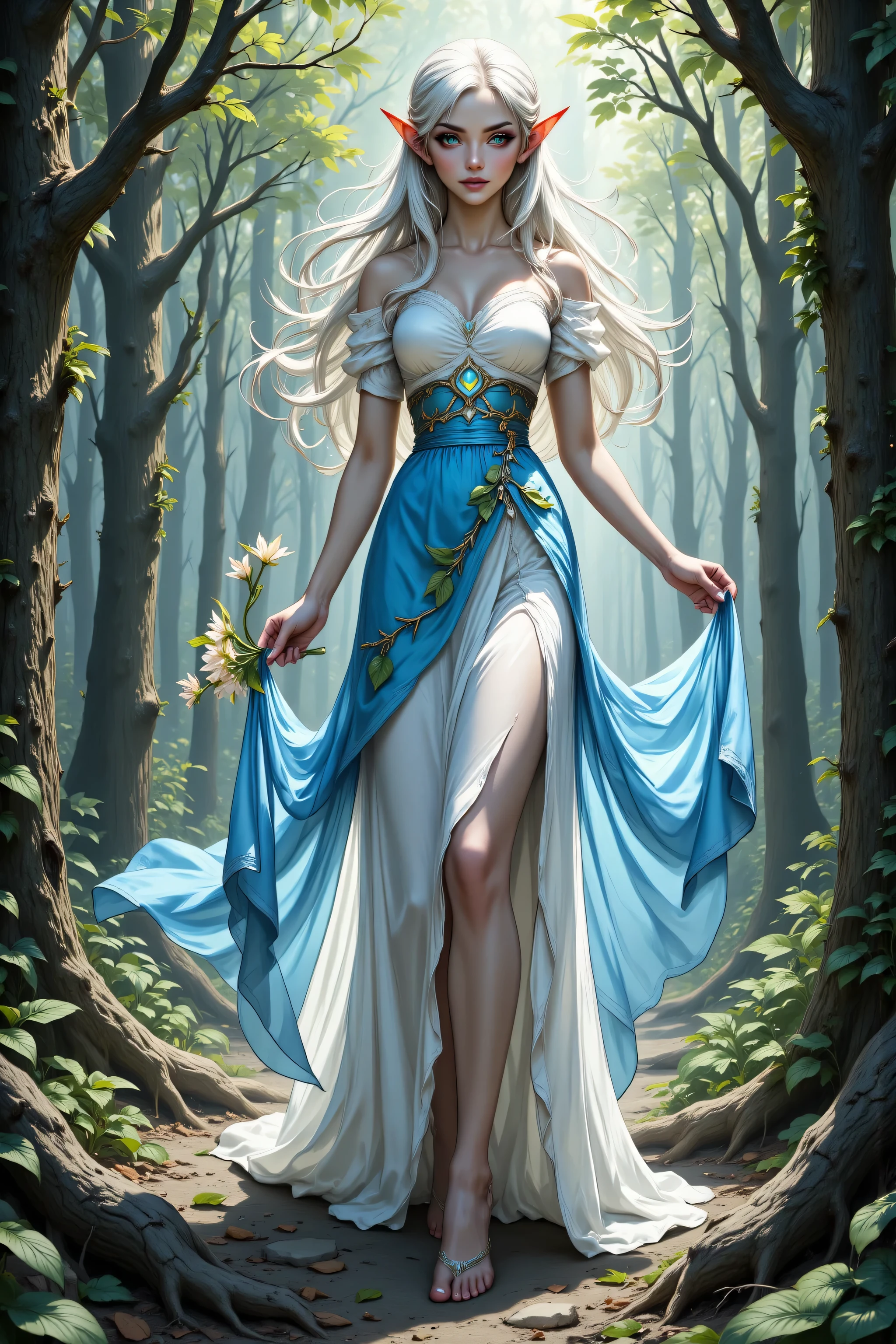 a picture of a female elf (intense details, Masterpiece, best quality), wearing white and azure skirt with leaves entwined on the dress, wearing shirt, wines entwined in the dress,  metallic shine, bright clothes,  an ultra wide shot, full body (intense details, Masterpiece, best quality)epic beautiful female elf (intense details, Masterpiece, best quality), pale skin, rich hair, flowing hair, small pointed ears, glowing eyes, action shot, holding a an flowers (intricate details, Masterpiece, best quality), fantasy forest (intense details, Masterpiece, best quality),  sense of daring, sense of adventure, summer in the forest, sun  is high in the sky, bright day,  high details, best quality, 16k, [ultra detailed], masterpiece, best quality, (extremely detailed), dynamic angle, ultra wide shot, photorealistic, RAW, fantasy art, dnd art,fantasy art, realistic art, Celestial Fantasy, zavy-ctcmcs, w1n, hyp3rd3tail style