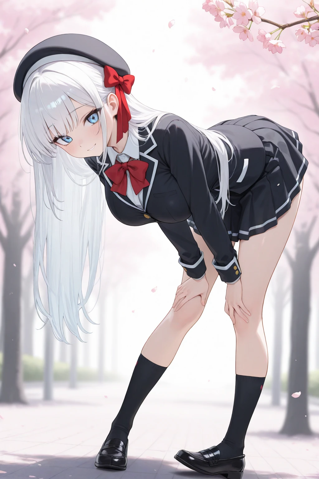 (((A Masterpiece、maximum quality、High resolution1.4)))、Lying on the bed and opening beautiful legs、all over the body、black-thigh-highs、huge  tits、White background、Grown-up、Bewitching look、Arms behind your head、Landscape、Long blonde wave、Dressed in a pink sailor suit、Red miniskirt with red collar、Red ribbon、(((Delicate face 1.4)))、Beautiful anime schoolgirl。
