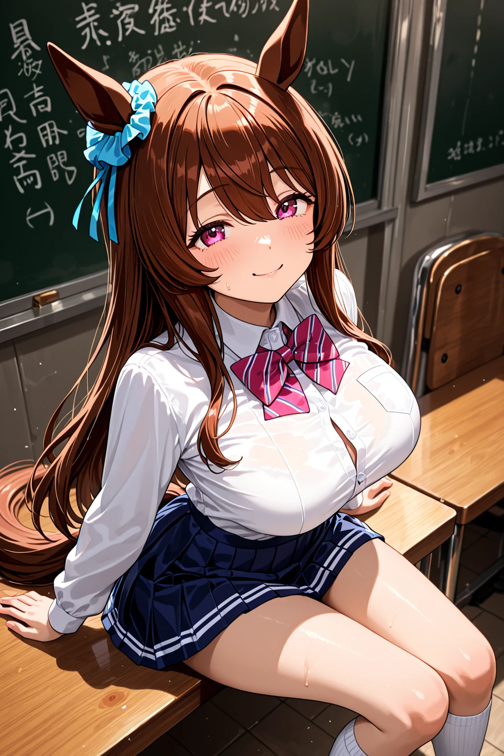 Anime Color, Highest quality, High resolution, 1 Girl, (Big Breasts:1.2), hair_between_eye, hair_good, brown_hair,brown_eye, 1 Girl, 18-year-old,young woman,(narrow_Waist), thigh、Big Breasts, Nipples, Blushing, I breathe, Sweat, Take off,、vapor、Spread your legs、classroom、Sailor suit、((Wet white panties))、Gang Rape,Two boys,