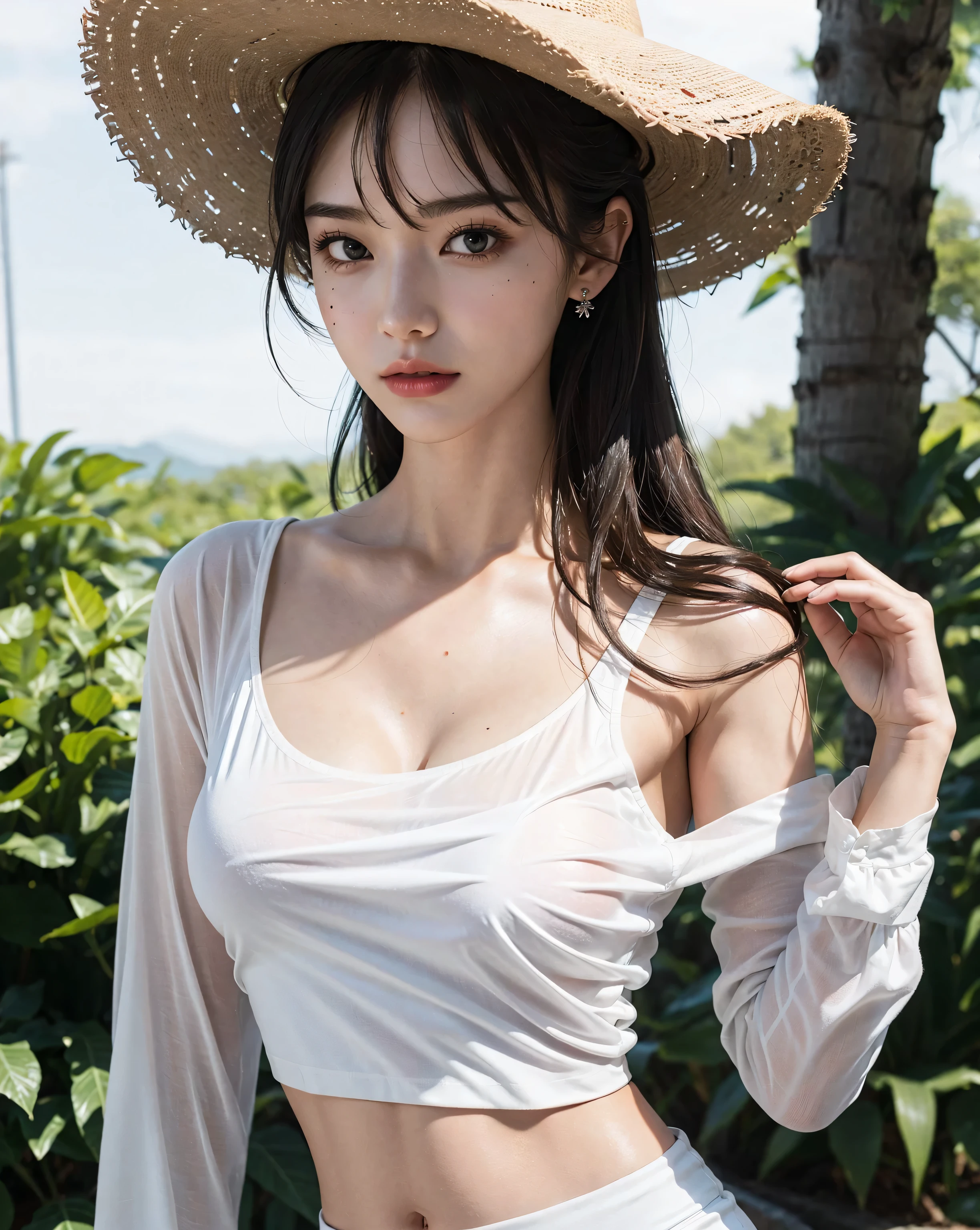 absurdres, RAW photo, extremely delicate and beautiful, masterpiece, Best Quality, ultra high resolution, 32k, hyperrealistic, ultra-detailed, perfect figure, Perfect Style, Perfect balance, in her 20s, very small head, very small face, delicate facial features, tearful mole, earring, (very huge round breasts:1.2), full body shot, (whole legs:1.2), medium hair, wavy hair, outdoor, blouse, bare collarbone, skirt, straw hat,