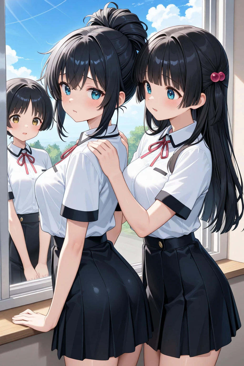 One girl, Cowboy Shot, classroom, fighting sSunburnce, Nagatoro_Hayase, Brown eyes, Black Hair, Long Hair, Dark Skin, Dark skinned women, Sunburn, Sunburnlines, Hair Clip, , White shirt, Collared shirt, プリーツskirt, Highest quality, masterpiece, High resolution, One girl, 一人でcyberpunk cityscape,night city \(city\), stealth in the city,Small breasts, masterpiece, Professional artwork, Famous works of art, Perfect Face,Perfect Eyes,nagatoro Hayase, hair ornaments, Brown eyes,(Glowing Eyes:1.1), Hair Clip,Dark Skin, Black Hair,, Cowboy Shot, Black Hair, Beautiful Face, ((Perfect female body, Tight waist)), background city, skirt,Highest quality, masterpiece, High resolution, 8k wallpaper,whole bodyイラスト,whole body,one-piece swimsuit,Swimsuit,One piece swimsuit,High leg,背景classroom,Embarrassed face,With legs apart,Looking up from below,Sexy pose,Watching the audience,blush,smile,Smiling,制服の下にSwimsuit,制服の下にOne piece swimsuit,School swimsuit under uniform,Swimsuit under uniform,swimsuit under clothes,skirtリフト,制服の下にSwimsuitを着込んでいる,制服の下にOne piece swimsuitを着込んでいる,Perfect description,シャツの下にSwimsuit,シャツの下にOne piece swimsuit,Shirt lift,Are standing,White shirt, Collared shirt, プリーツskirt,プリーツskirtの下にSwimsuit,プリーツskirtの下にOne piece swimsuit,Anime Style,Anime Art,skirtをたくし上げている,Low - Angle,