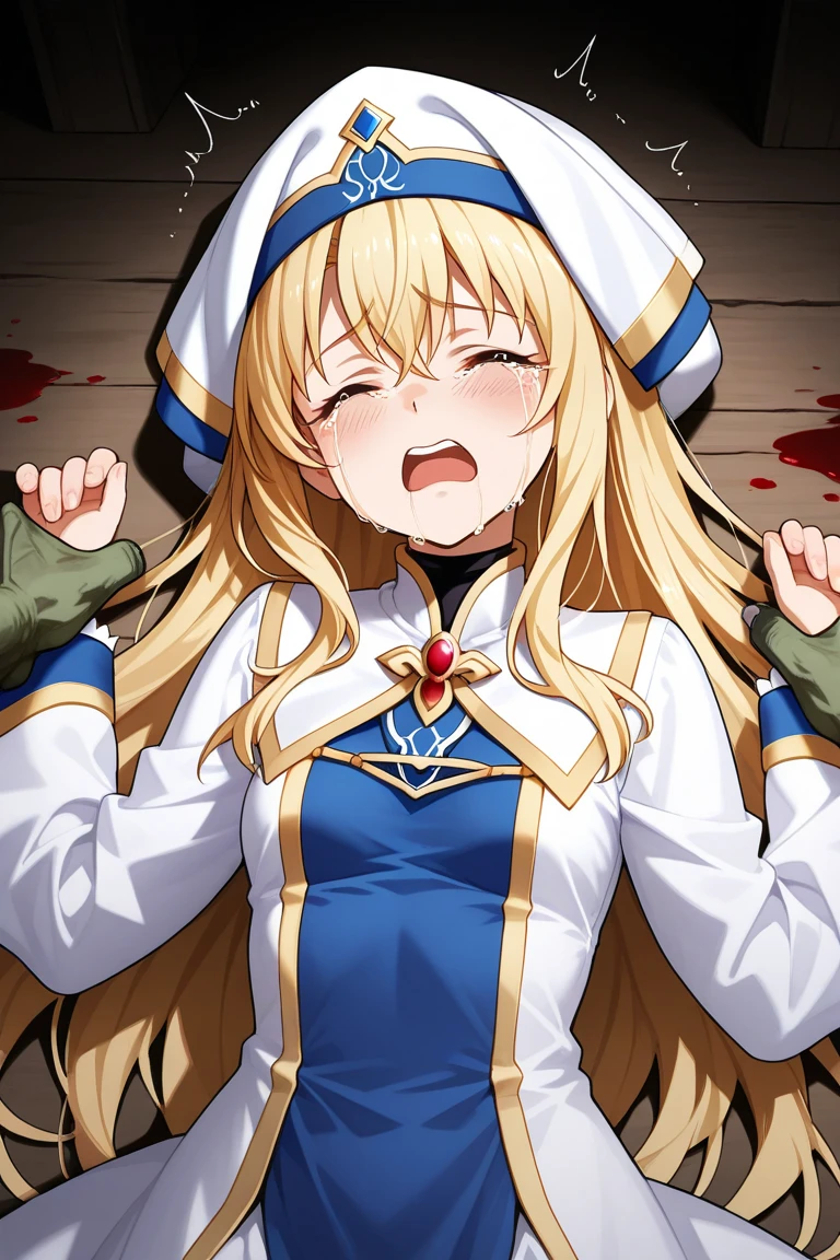 score_9, score_8_up, score_7_up, source_anime, official art, anime screencap, , , (1girl), (red eyes:1.7), big eyes, priestess-default,　priestess \(goblin slayer!\),long hair, blonde hair,white headwear,white dress,frilled sleeves, blue pelvic curtain,(black shorts:0.9),thighhighs,white boots, (:1.6),(rolling eyes:1.4), (shaded face:1.4),(clenched teeth:1.4), (glowing eyes:1.8), (blush:1.6), (sweat:1.4),(saliva:1.4),(breathing:1.4), (6goblin:1.2),(many goblins:1.6),(full body:1.2),(side view:0.8),(:1.6), (torn clothes:1.6),  head tilt, (Ruins:1.2),(High color saturation:1.4),very aesthetic, absurdres, out of frame, masterpiece, high quality, high details