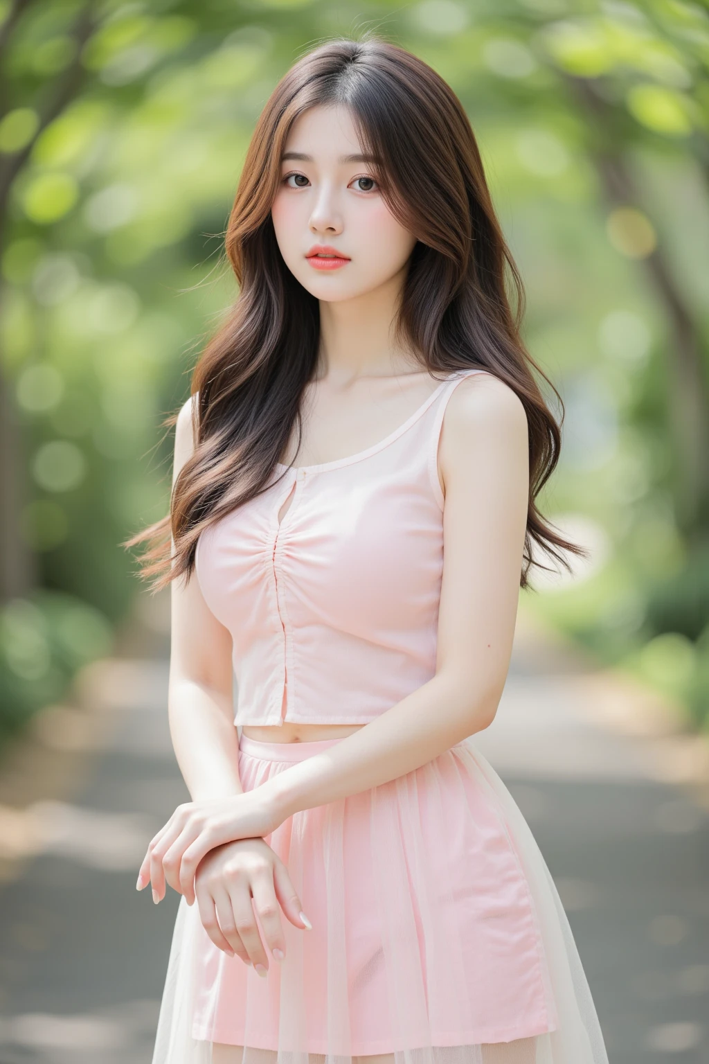 ((((top-quality))))、(((Ultra Precision CG16K Wallpapers)))、(((​masterpiece)))、(((ultra-detailliert)))、(((Ultra-extreme details)))、１Man Woman、infp young woman、((An 18-year-old woman:1.3))、((Japanese face))、((extremely beautiful face))、((sasaki nozomi:1.5))、((soft wave long bob hair:1.3))、(shinny hair)、Bangs up to the eyebrows、Beautiful brown hair、Beautiful delicate eyes、Brown eyes、raised eyebrows、lofty nose、small nostrils、small mouth、seductive lips、slightly open mouth、Beautiful breasts、C-cup size breasts、cleavage of the breast、Plump body、perfectly proportions、perfect anatomia、perfect-composition、beautiful detailed shading、Beautiful natural lighting、Beautiful detail glow、depth of fields、(((a high chroma)))、(((realisitic:1.9)))、((Vivid:1.4))、((Beautiful skin))、((Skin texture))、((Realistic skin feeling))、(((Head-to-thigh shot:1.5)))、((Frontal angle:1.5))、((Screaming face:1.3))、(screams)、Bright sunshine、(((a park:1.5)))、(Blur the background)、(((Wearing white tight T-shirt with belly button exposed、Pink pleated miniskirt clothing:1.5)))、((white lace bikini panty clothes:1.5))、((spread two arms:1.3))、((Skirt flipping in the wind、lift skirt:1.5))、