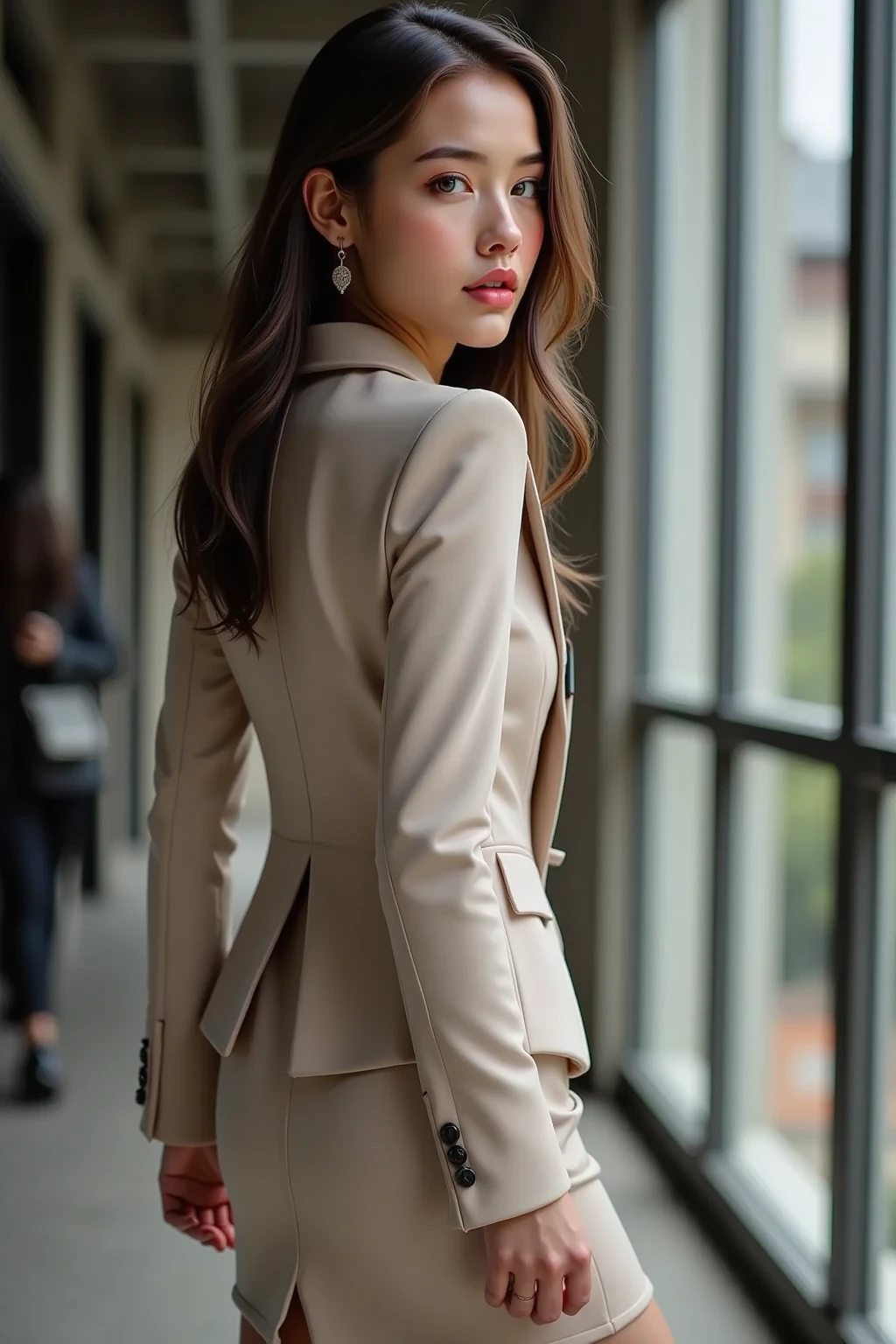 (Masterpiece:1.3), (8K, Photorealistic, RAW Photography, Best Quality: 1.4), Japan, Beautiful Face, (Realistic Face), (Medium Hair:1.3), Realistic Eyes, Beautiful Eyes, (Real Skin), Beautiful Skin, Attractive, Ultra High Definition, Ultra Realistic, High Definition, Beautiful Japan Woman、Beige suit、Business Suit、OL、pants、from back、Downtown、(stick your butt out:1.2)、Detailed Face、Medium hair、Loose perm、from below、smiles、
