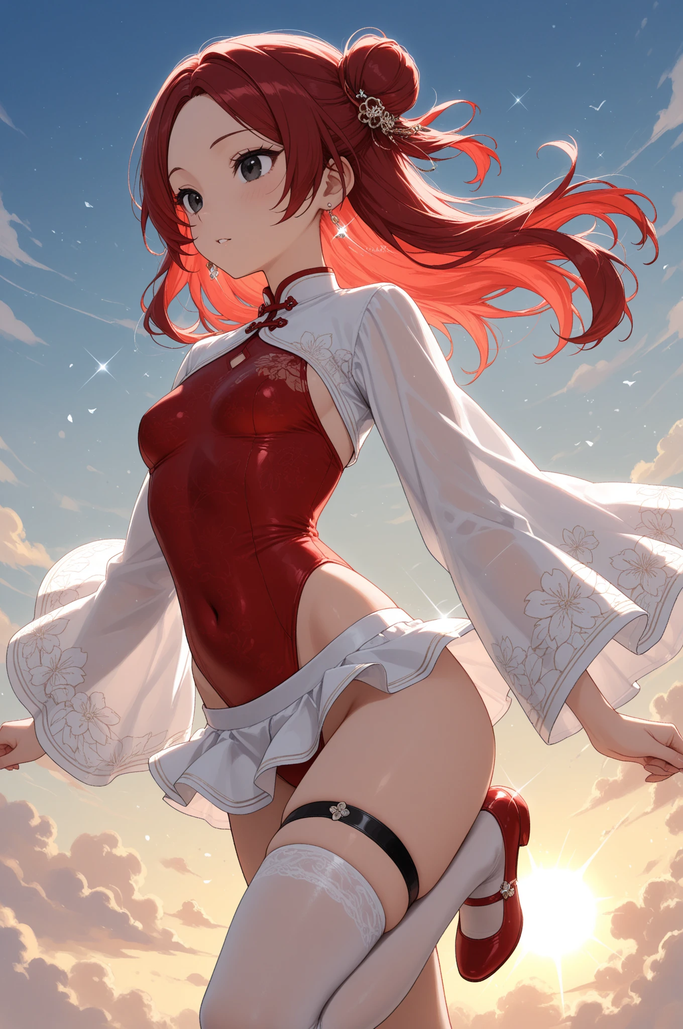weird atmosphere, (best quality:1.1), (masterpiece:1.2), high quality shadow, beautiful detailed, (high detailed skin, skin details), (wide landscape, 8k), depth of field, highres, best illumination, (sexy), outdoors, blurry background, HD hair, beautiful face, perfect skin, red hair, long hair, (big breasts), blood particles, (night), sharp teeth, glowing red eyes, blood on face, blood on clothes, blood splashing, female knight kneel in the war fields, white dress, leavage, stocking, high heels, attack pose, close to viewer, gripping blue flame sword, heavy rain, in the grassland, foggy, wet body, wet hair,