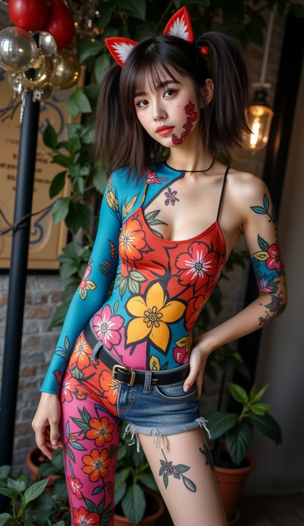 (Highest image quality, realistic depiction),a choker,fullnude,(A sexy beautiful police officer is shyly walking around town while showing off her body in bikini body paint.),Colossal tits,