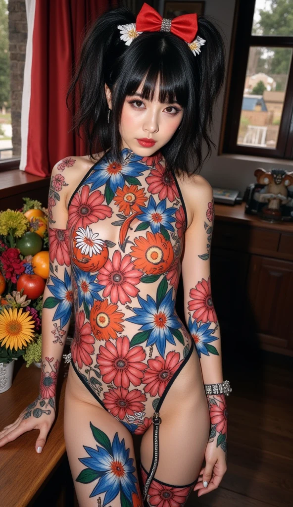 Create a full body portrait of an Asian Japanese woman with intricate tattoos depicting the Garden of Eden. The tattoo should feature a detailed image of Adam and Eve., Tree of Knowledge, and various animals and plants. Women should stand in a natural and calm pose., with a soft and subtle background that complements the tattoo theme.. Make sure the tattoo looks clear and detailed in the paradise garden, clear water like glass, weight 75 kg, sagging chest, curvy buttocks, slender legs