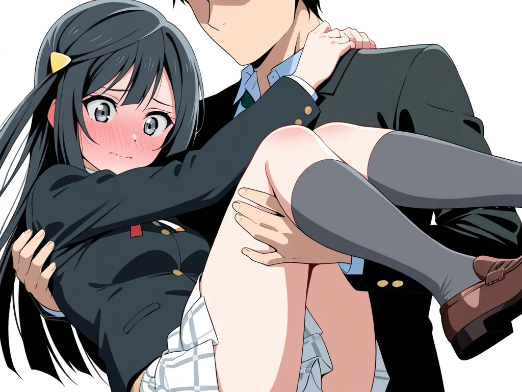 A naked middle-aged man is making a crying girl with black bob hair, erect nipples, pale pubic hair, topless, no underwear, and a checkered skirt with small breasts, who is wearing no underwear and wearing a checkered skirt, open her legs and inserts his penis into her vagina.、whole body