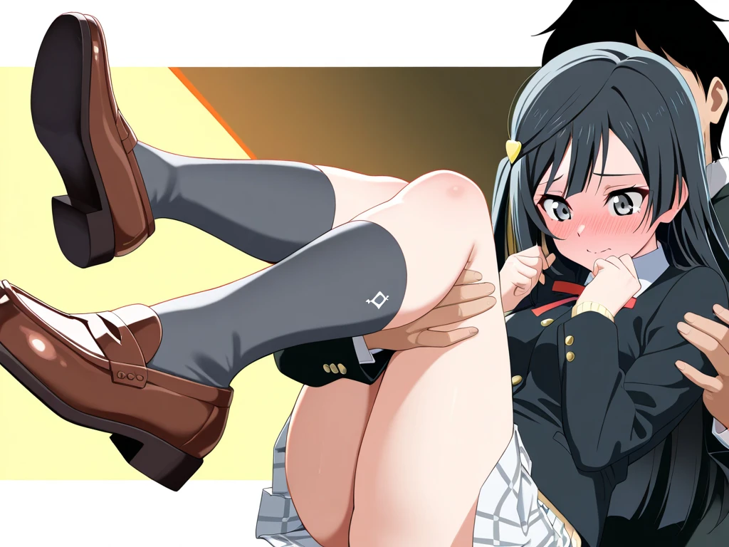 1girl in, Long hair, Black hair, Blue eyes, Thigh Vibrator, Thigh atmosphere, School uniform,outdoor,slender long legs,Beautiful thighs,Beautiful skin,white decorated underwear,skinny thigh,Long body,Audience pays attention to feet,(((clothed))),Night city,Luminous neon lights,Lighting from below,Swarming crowd