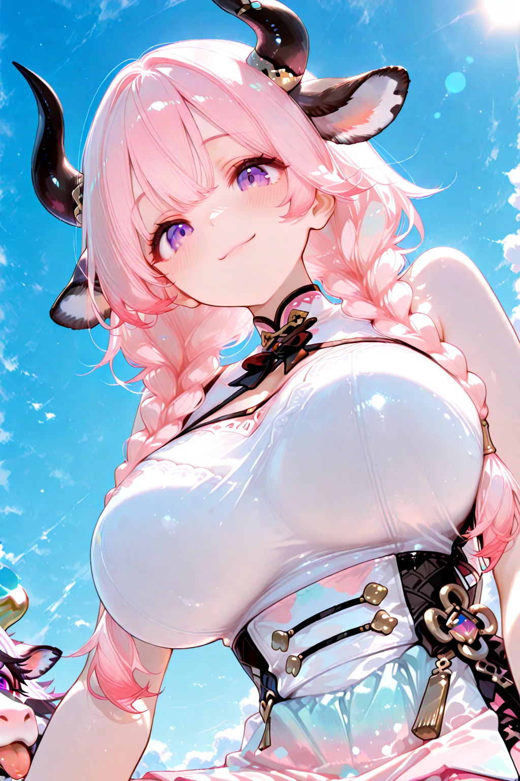 Narmaya standing in a forest of Cherry Blossom trees. Rays of light weave through the tree tops from the sun. She is wearing an elegant white dress that exposes her large cleavage. The image is extremely detailed with perfected anatomy. The lighting highlights her body in ways that arouses the viewer. Her expression is extremely seductive and confident. The image is life-like and semi-realistic. Extreme detail has been put into the shading. It's a masterpiece of erotic art. The scene evokes a sense of tranquility and wonder in the viewer. (masterpiece), best quality, expressive eyes, perfect face, Cherry blossom trees, light rays, sunny day, seductive, erotic, 8k, absurdres, narmaya, pink hair, blue eye with pink pupil, hair over eye, draph, horns, butterfly hair clip,
