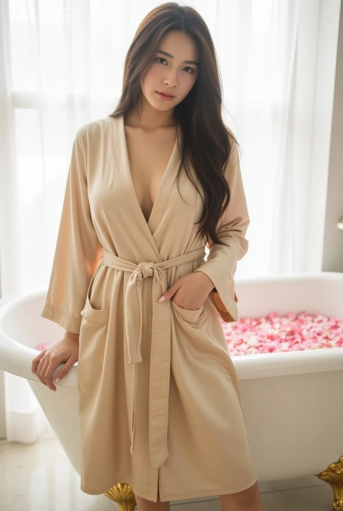 highest quality、4K、Perfect Face、Perfect Style、perfect body、Sunburn、beautiful lady、mature、long curly layer brown hair、Swept-back hair、full body, sexy 、charming、healthy、smile、at home、bathrobe、wine