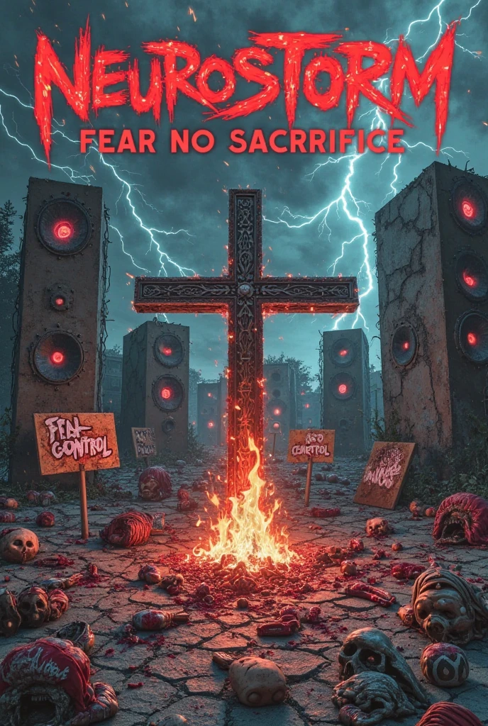an album art cover for a deathcore, metalcore band. There is a girl kneeling on the ground bloody and bruised , bloody and bruised, she is kneeling before a large cross, there is a demon handing on the cross. The cross is on fire. At the top of the image text reads “”HopesHeart”. At the bottom of the image text reads “Broken Chromosomes”.