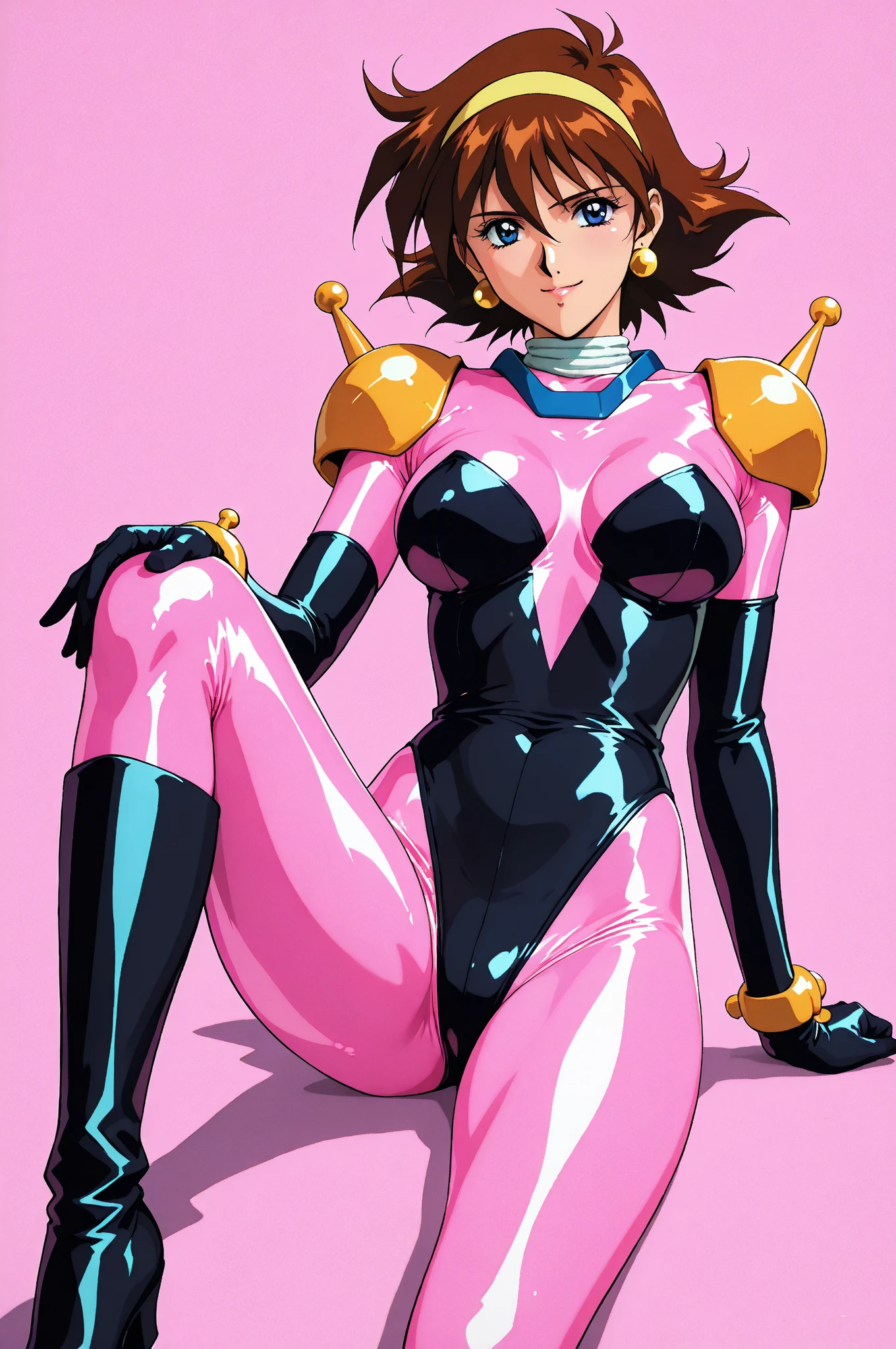 high quality, extremely detailed, perfect face, black background, <lora:RainMikamura:.8>, rain mikamura, short brown hair, black and pink latex bodysuit, shoulder armor, large breasts, kicking