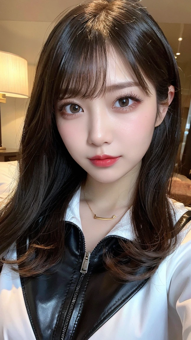 masutepiece, Best Quality, Illustration, Ultra-detailed, finely detail, hight resolution, 8K Wallpaper, Perfect dynamic composition, Beautiful detailed eyes, Casual clothing with long sleeves,random cute hair,small tits,Natural Color Lip, Bold sexy poses,Smile、20 years girl、Cute、Sexy shot staring at the camera from the front,常にBlur the background,Perfect and beautiful face,Take only the face,beautiful and detailed face、slim face and style,Big eyes、Do gal makeup,luxury designer home bedroom(slightly dark room),Blur the background。Stylish pajamas