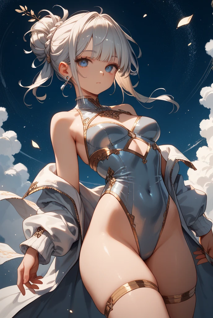 young girl silver hair white dress short hair dress with big jewels dress with a big slit dress that opens below the navel red eyes irreverent face look down thin body thin thighs small breasts small ass toned body wrist bracelet jewelry bracelet tiara with jewels sun ripped abs Skirt Dresses blue sky big cloud slanted eyes white skin I can see the nipples I can see the navel high quality high resolution 8K Waving in the wind See-through