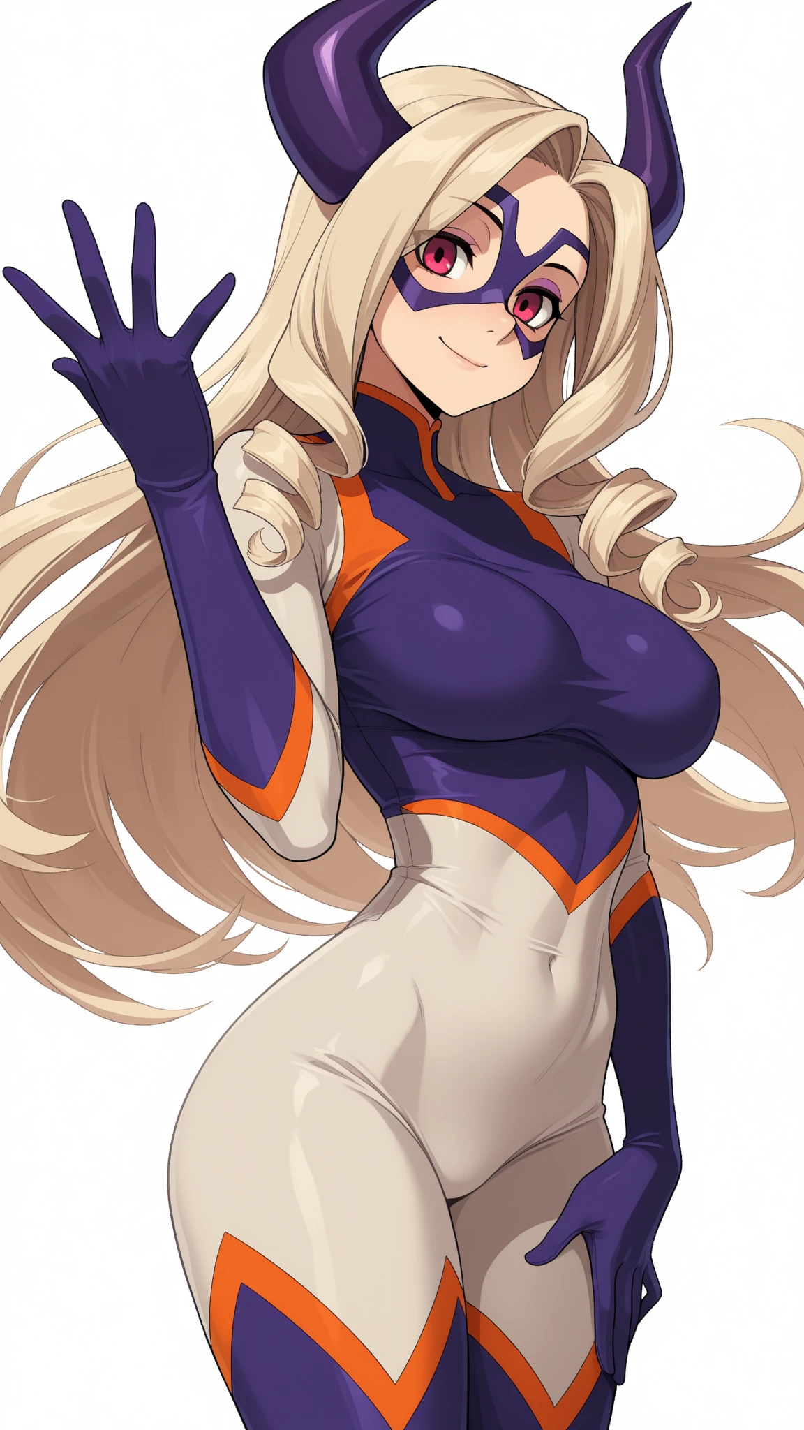 1girl, mount lady, boku no hero academia \\\\\ masterpiece, best quality, very aesthetic, absurdres, newest \\\\\\ sportive body, \\\\\\ by dodok, nyantcha, cutesexyrobutts, by khyle ///// blonde, purple eyes, , 24 years old,, wearing only apron, , naked, rating general,,big tits, white simple background, V
