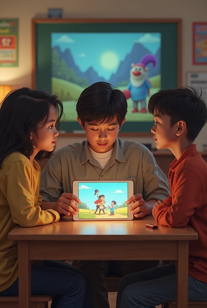 Create a drawing of three children playing video games