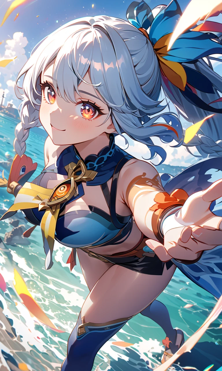 A girl dressed like a flying squirrel flying over the forest and lake、((Girl flying in the sky))、smile、Multicolored Hair、Open your hands、((sky diving))、belly button、Shorts、Cleavage、Colorful ornaments、((Angle from the sky))、Angle from the ankle、