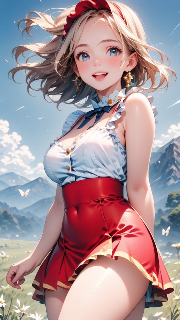 (cel anime:1.3)、(super fine illustration:1.3)、(masterpiece:1.3)、(best quality:1.3)、ultra detailed、High resolution、(depth of fields)、(Detailed eye)、(detailed facial features)、(Detailed fingers)、(detailed clothes features)、HDR、8K、skin tightening、(shinny skin)、landscapes、lovely、(Cowboy Shot:1.3)、(dynamic composition)、(spread arms, hands outside frame)、(sagging breasts)、1 woman、Japanese、23 years old、(Blue eyes)、(light red hair)、(semi short hair:1.3)、(oni little horns)、hair blowing in wind、Looking away、(Happy smile)、(t-shirt:1.4)、(panties)、Shine with colored light、(Fairy-tale japanese castle perched on a misty hilltop)、