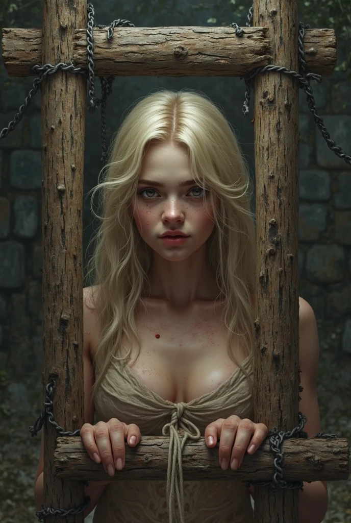A young 12 year old slave girl, inside a medieval jail, She's lying on a pile of straw, on side view, crying, Textured skin, fantasy, with looks of scared; blonde hair, from above view, Clothes torn to shreds, Portrait of a girl, solo focus, delicate features, sharp facial features, looking at viewer, ((Masterpiece)), ((best quality)), (Professional Photography:1.2), wide-shot, cinematic lighting, very messy hair, (tattered and torn camisole, dirty white camisole), slightly exposed nipples, Slender body, small breasts, (shy and blush), ((long chains)), ((Heavy handcuffs)), (Restrain both hands:1.5), (very detailed face:1.4), (capricious, private study:1.3), (Ultra-high detail:1.2), Motion photography, high details, detailed and intricate, intricate details, high intricate details, Absurd amount of detail, absurdity, high resolution, (high quality:1.2, masterpiece:1.2, :1.21)