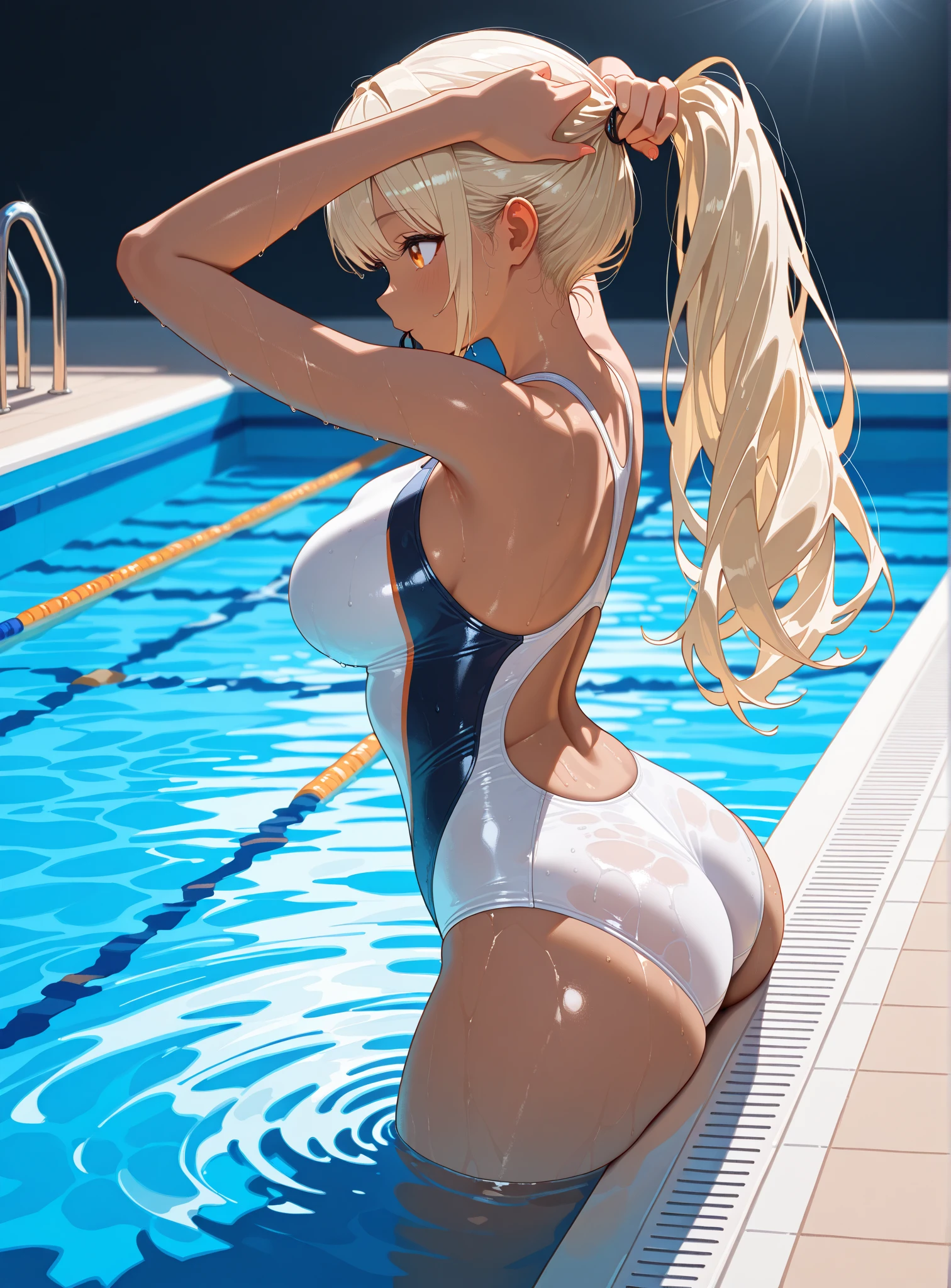 low angle shot,shoot down and up、Back photo。Kneel behind、Show her ass,actual、Super high chroma、8k、long white hair(((30 year old woman)))、((((She was wearing a red and blue competition swimsuit。))))、competitive swimmer、big breasts、Thick thighs、Pay attention to muscle development。競泳プールolympic Comcompetitive swimmerics stadium, Highly detailed face and skin textures,(natural cheeks, skin shiny, White skin,Sweating 1.0、(((vitality)))