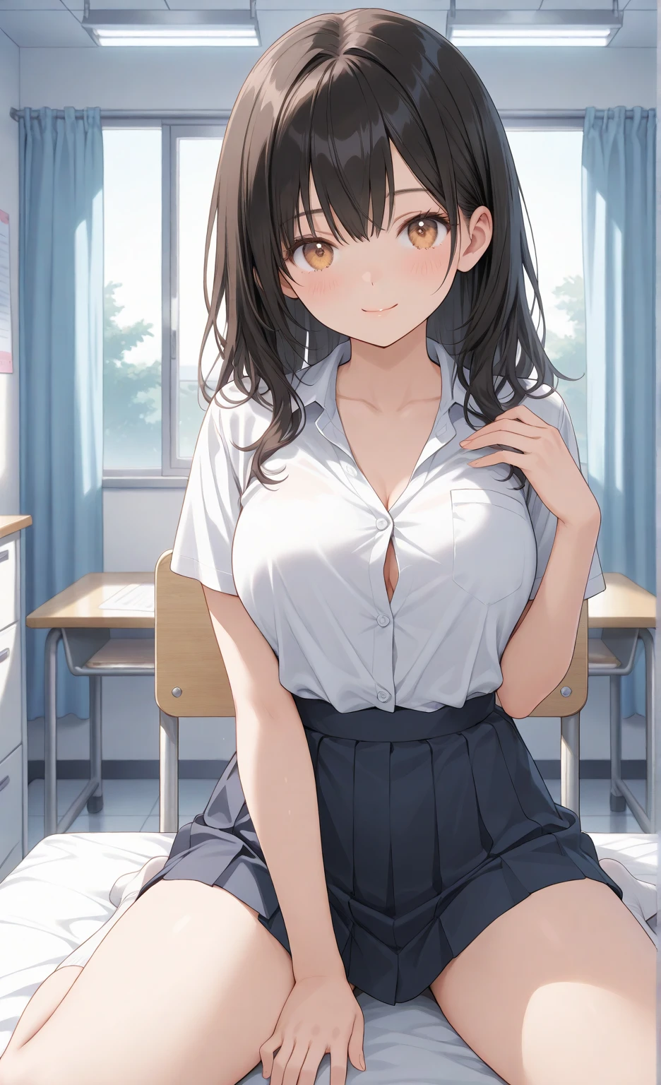absurdres, RAW photo, extremely delicate and beautiful, masterpiece, Best Quality, ultra high resolution, 32k, hyperrealistic, ultra-detailed, perfect anatomy, anatomically correct, perfect figure, super Detailed skin, 20 years old, very Slim body, narrow waist, very small head, very small face, delicate facial features, detailed face, detailed eyes, tearful mole, earring, thin legs, bare legs, ((very huge round breasts)), short medium hair, ((wavy hair)), wet clothes, ((school uniform)),