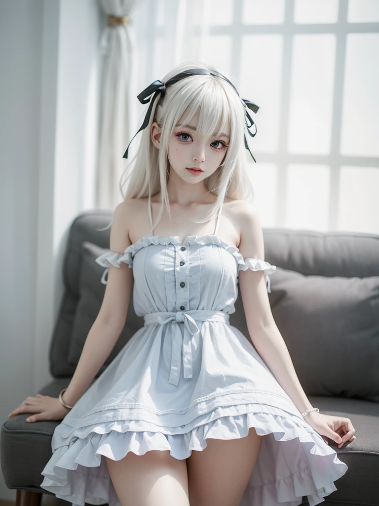 ((Highest quality))、((８hair))、((High resolution))、((masterpiece、Very detailed))、One person、（Height 140ｃｍGirl）、((Looking at the camera from the front))、((Above the knees photo))、((Are standing))、Beautiful and delicate blue eyes、beautiful smooth silver hair、Fluffy short hair、Gentle and adorable big eyes、smile、((Perfect and beautiful fingertips))、キラキラ光る水滴が弾hairる紺色のスクール水着を着た、Flat Chest、(White Stockings)