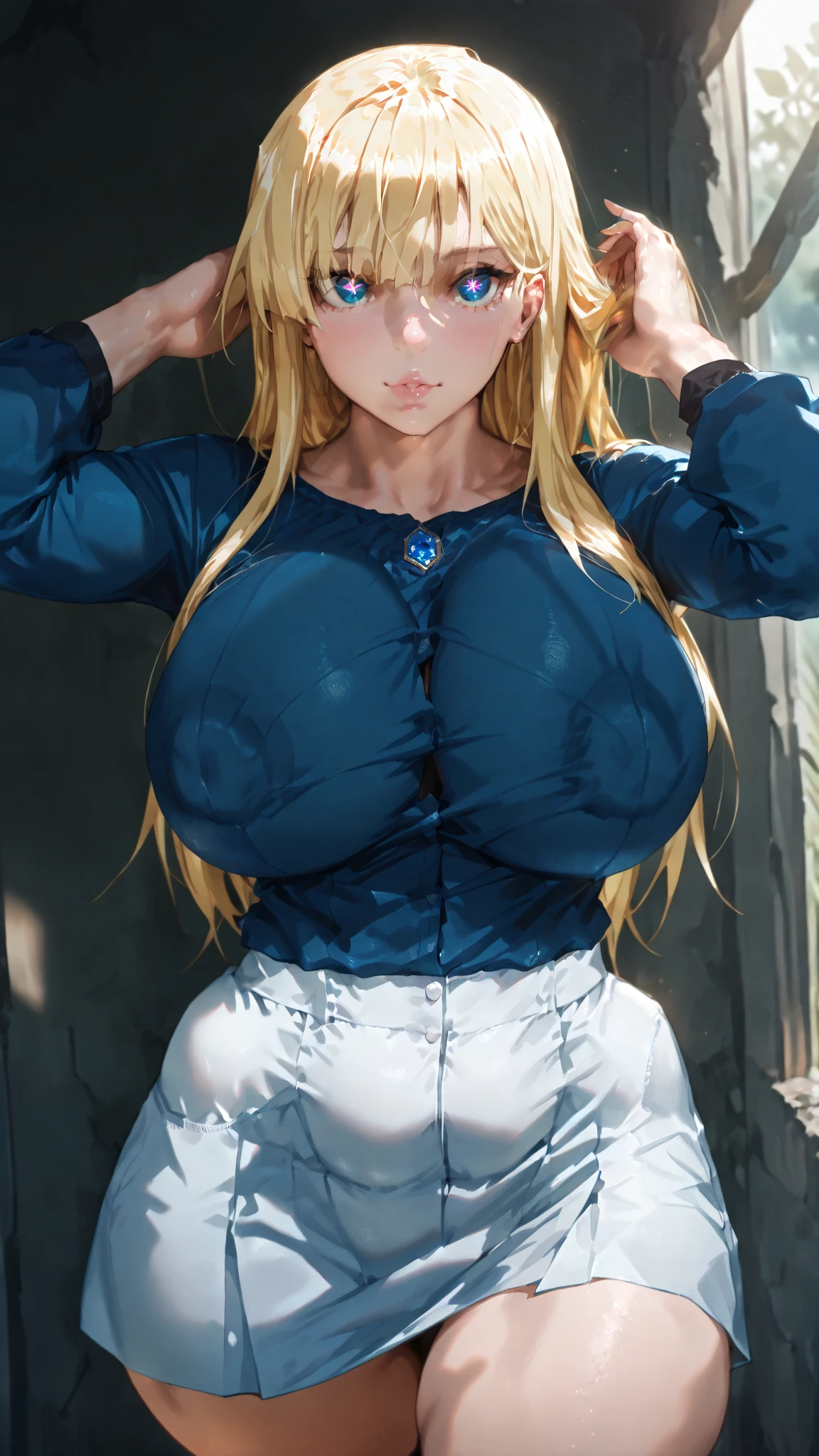blonde GIRL, blue eyes, skirt, tight shirt, HUGE chest, LONG hair, , wearing BLUE, HAPPY, ADULT, OLDER