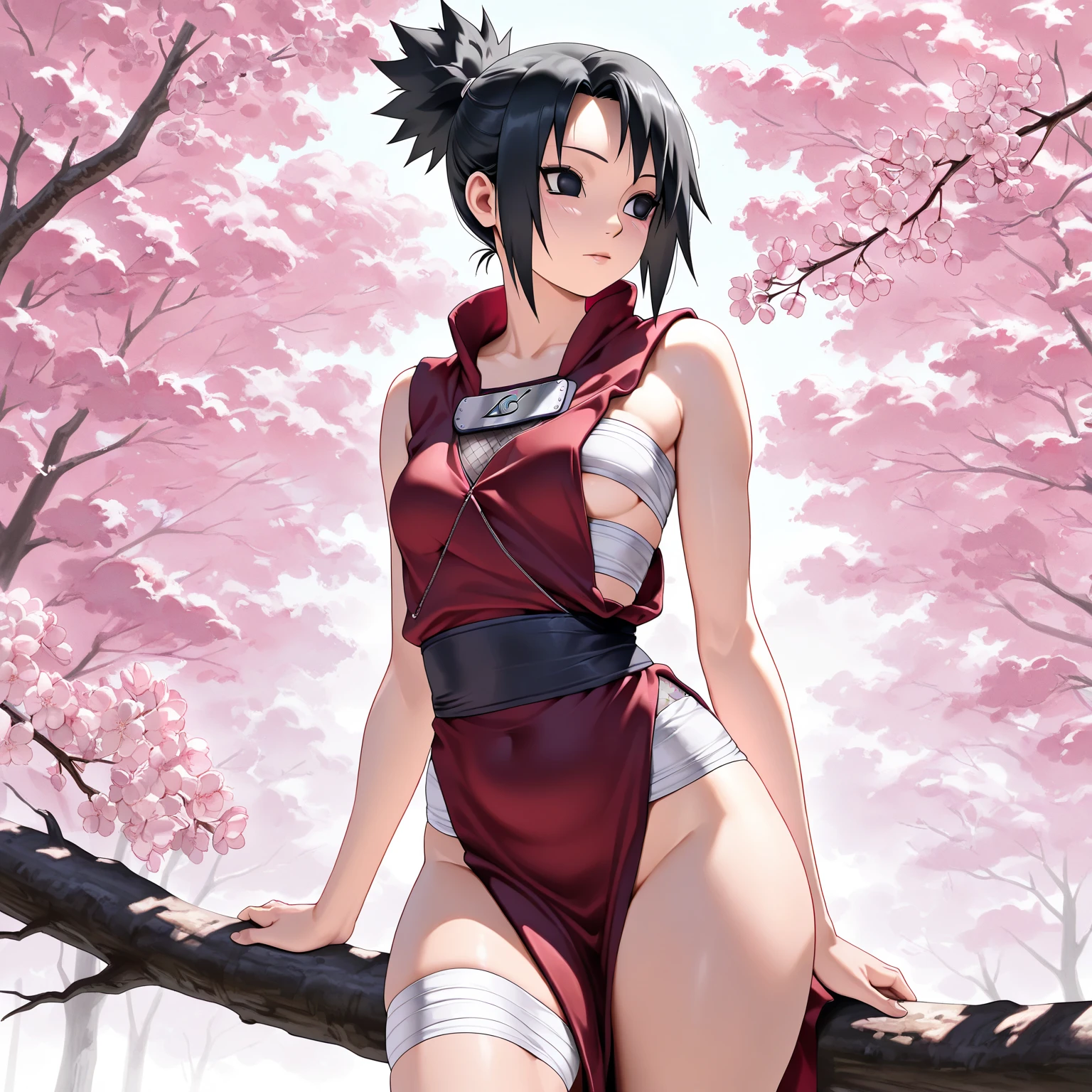 1 girl, purple straight short hair , black eyes, beautiful, light skin color , wide shoulders, thin waist, medium breasts, defined thighs, thin, defined lean ,wide hips, medium ass, naruto style, naruto universe, Uchiha clan, uchiha outfit, Leaf village , black outfit