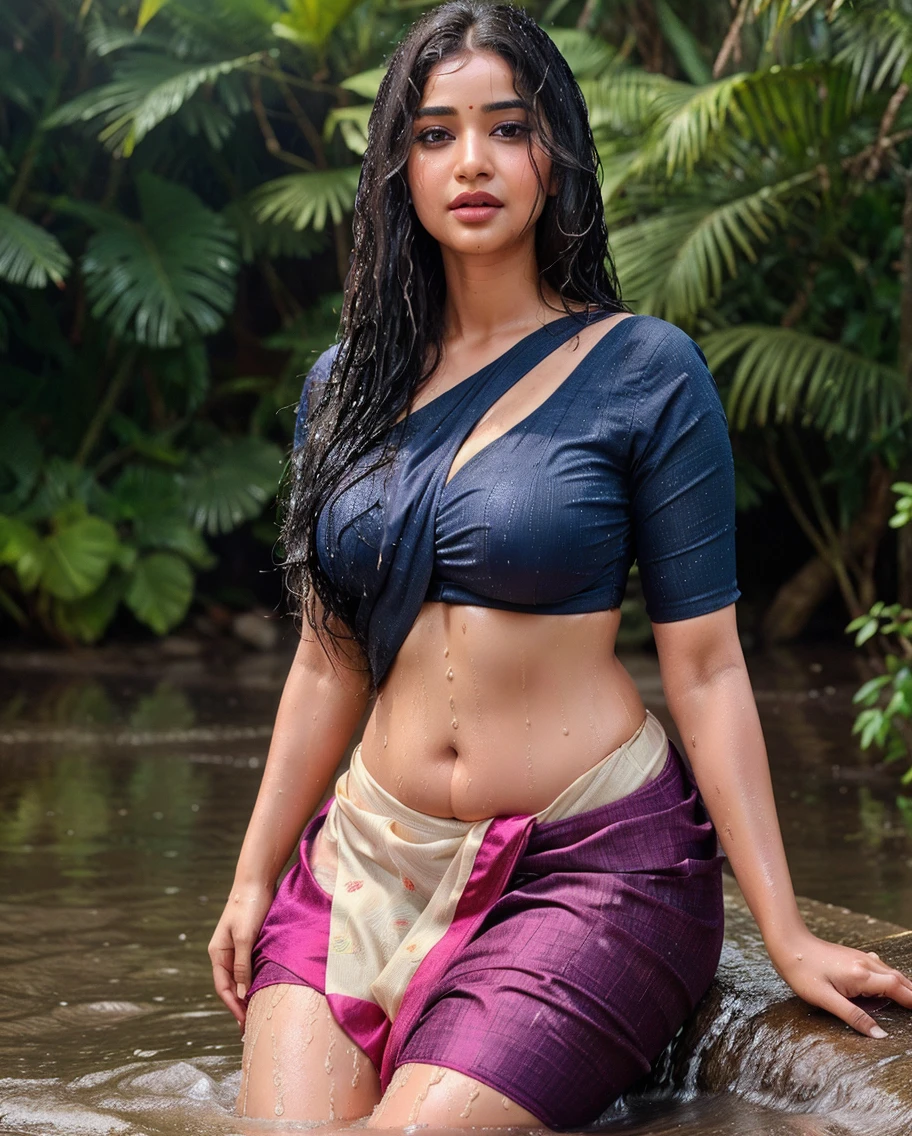 Woman bath in river with saree