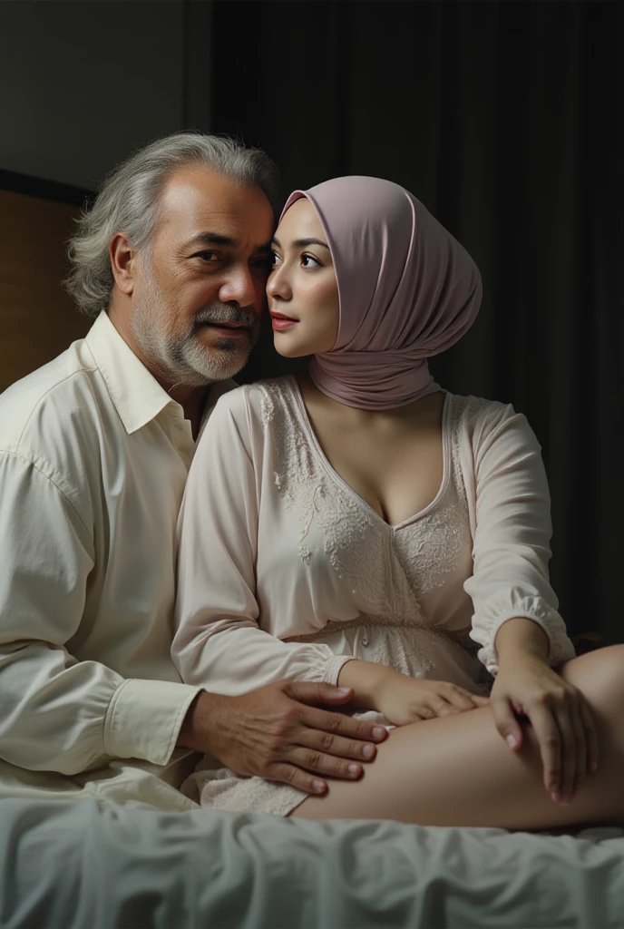 Pale skin ugly kurdish young weak girl in hijab nude shoulder nude arm nude breasts trading with a older man in bedroom