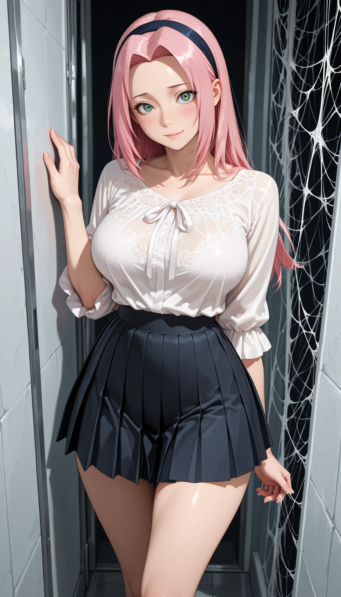 Pink double ponytail,Tsundere face,Stretch out your arms,Finger lens,open shirts,Pink lace lingerie,huge tit,a black pleated skirt,White knee-length socks