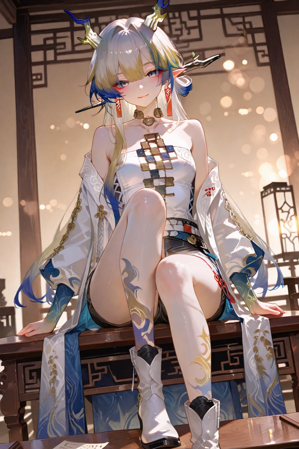 (A masterpiece of image quality in 8K),(from below:1.2),(Beautiful Allafed Woman),(((emphasizing breasts:1.0))),(Dynamic angles),(Dynamic and sexy bending pose:1.3),(sit a chair:1.3),(Short hair in shiny silver and orange inner colors,(perky chest:1.1), (pointed chest:1.3),small full breasts,Disturbance of clothing due to movement,breast slip,(Ponytail twisted buns adorned with elaborate braids and beads,Braided Setup Fishbone Hair,),(see-through bangs),small breasts、(((A white lace apron that shows your bare skin from under your small breasts)))、Blush with embarrassment、Enraptured eyes、A smile that beguiles the viewer、(Look back:1.2)、Look into the photographer,skin glistening with sweat,gazing at viewer,,(Professional Lighting),(8K,masutepiece,top-quality,Ultra-high resolution output image,),(Ultra HD with complex detail image modes),depth of fields,Beautiful hands,Beautiful fingers,Detailed finger features,(Detailed hair features:1.7),detailed facial features,detailed clothes features,