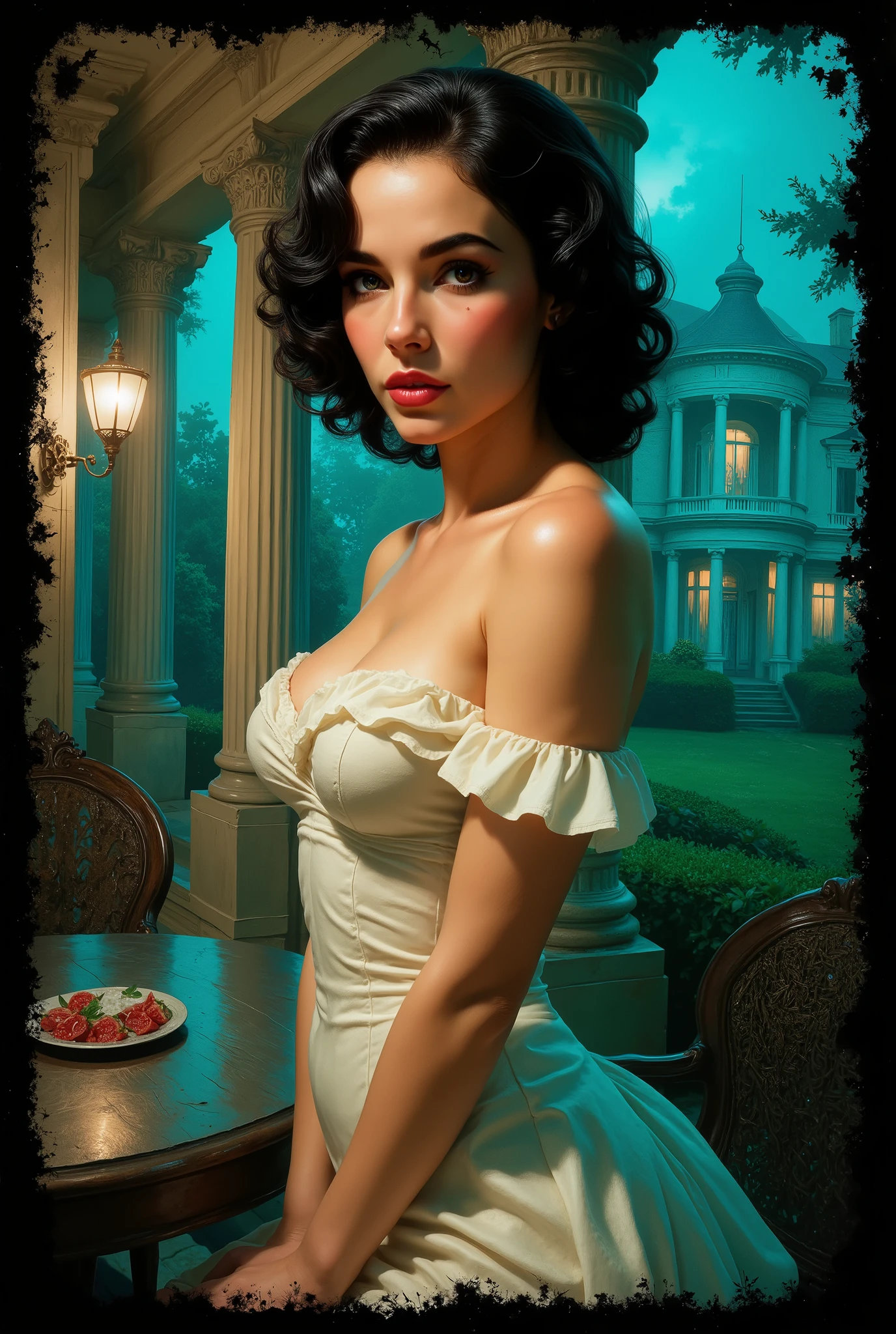 an alluring southern belle, looks like Elizabeth Taylor or Vivienne Leigh, on the porch of an old Antebellum mansion, wearing a cotton white summer dress, it is summer, she is hot and sweat and her dress sticks to her humid skin, wavy black hair, mint juleps on the porch table, cinematic lighting, stylized poses, non-explicit, inspired by detailed anatomy, neon accents, avoid nudity, no distortions, no extra limbs, no low resolution." lurid vivid colors and details, an ominous mood, chilling atmosphere, smoky ambiance, cinematic composition, detailed, intricate, medium contrast, murky blue and green back lighting, volumetric lighting, lurid and vivid colors, "anatomically correct human" "realistic proportions" "natural human pose" "full figure, accurate anatomy" "correct fingers and joints", moody lighting, chiaroscuro, saturated dark blue tones and dark muddy greens, film grain, dramatic shadows, unnatural angles, dark frame around image, vignette effect, Suspended reality and dreamlike quality, symbolic and deep south imagery, Intricate lighting and shadow play, stylized color palettes, dynamic framing and composition, more of a illustration style than a photograph, fumetto, horror comics, horror movies, pulp, Frazetta, Steranko, James Bama, Norman Rockwell