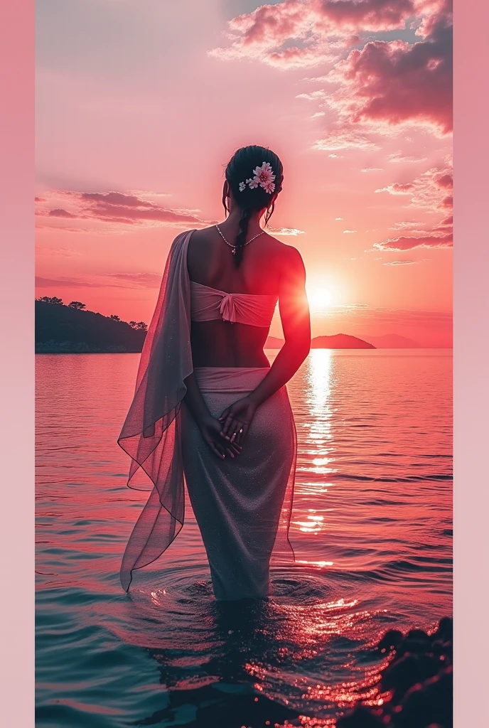 Create an idyllic scene featuring a stunning woman wearing a vibrant, floral-patterned bikini, standing gracefully in the midst of a serene lake adorned with blooming lotus flowers. Pale skin, detailed face, Capture the tranquility of the setting sun casting a warm, golden hue over the water's surface, painting the sky with hues of pink and orange. Ensure the woman exudes confidence and elegance, her posture reflecting a sense of serenity as she admires the delicate lotus blossoms surrounding her. The reflection of the picturesque landscape on the calm water should emphasize the peacefulness and natural beauty of this enchanting moment
