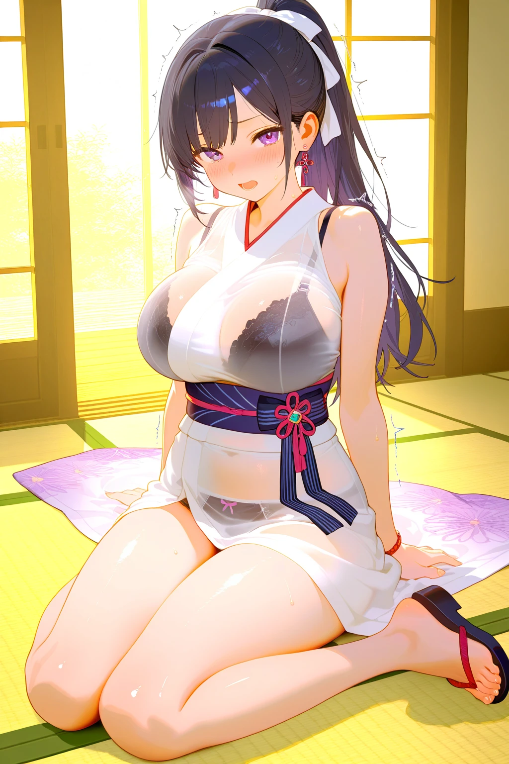 (Night:1.7), east asian architecture, 
sitting at attention,sitting on Tatami,
White_kimono,
black_hair, long_hair, hair_pulled_back,parted_lips,purple_eyes, braid,
1 girl, Manga,20yo,mature female,Beautiful Finger,Beautiful long legs,Beautiful body,Beautiful Nose,Beautiful character design, perfect eyes, perfect face,
looking at viewer,(innocent_big_eyes:1.0),(Light_smile:1.0),
official art,extremely detailed CG unity 8k wallpaper, perfect lighting,Colorful, Bright_Front_face_Lighting,
(masterpiece:1.0),(best_quality:1.0), ultra high res,4K,ultra-detailed,
photography, 8K, HDR, highres, absurdres:1.2, Kodak portra 400, film grain, blurry background, bokeh:1.2, lens flare, (vibrant_color:1.2)
(Beautiful,gigantic_Breasts:1.4), (beautiful_face:1.5),(narrow_waist),(cutout between underboob and へそ:1.4),
