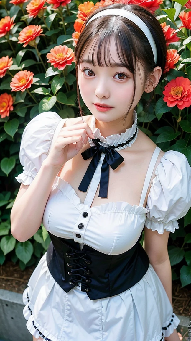 (Realistic, photo-Realistic:1.37), Unbelievably absurd, (Very detailed:1.3), 8K, (masterpiece), (Highest quality:1.4), (Ultra-high resolution:1.2), (RAW Photos:1.2), Very detailed背景, (unity 8K wallpaper), 1 nogizaka girl, very cute, (bishojo:1.35), (17yo:1.4 (white, Black and pink mine fashion), (Delicate and beautiful face, eye, skin), (Beautiful dress with intricate details), Gothic Maid, (Open chest), (Thick black shiny hair), (Elegant frills), (Blue rose hair accessory), (Smiling for the camera), whole body, Street view, Professional Lighting, 1 Girl, (Light pink hair)