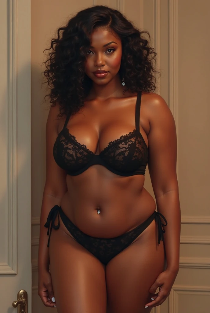 A plus-size woman with big breasts and a curvy bottom wearing lingerie, with long black curly hair., curtain/brunette 1,56 tall with arm covered in fineline tattoos, She wears glasses with a white cat-eye frame and a septum piercing