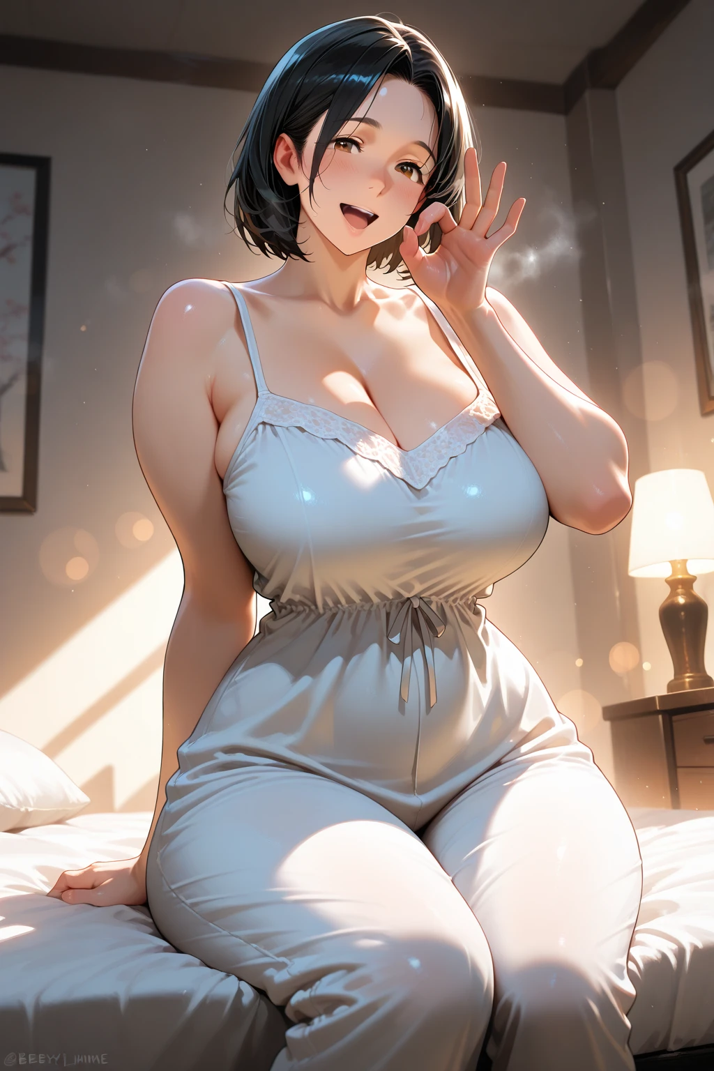 A wife，Single ponytail on the side，Black-brown hair，There is a mole under the left eye，Big breasts，full stature，Wear an apron，Room bed，Masturbation，And the shape of the female genital organs is clearly visible，There are deep lip prints on the panties，Not wearing Bra，Clothes are soaked，Sweat，orgasmc，Desire for dissatisfaction，Sperm outflow，Bare legged